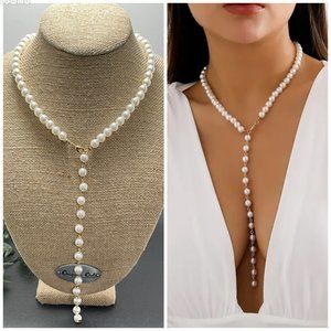 White Faux Pearl Beaded Lariat Y Necklace - NEW